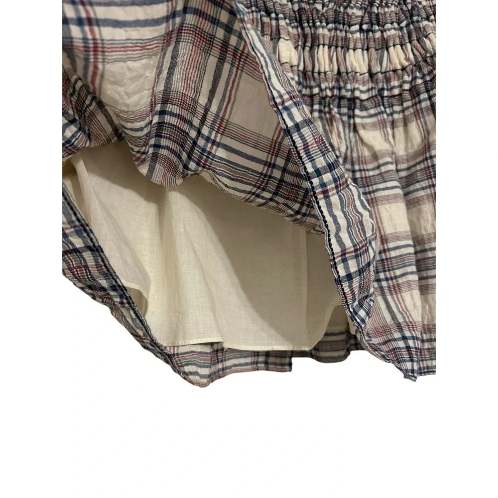 Max Studio Plaid Smocked Mini Skirt Womens 8 Blue Red Cream Cotton Tiered Ruffle